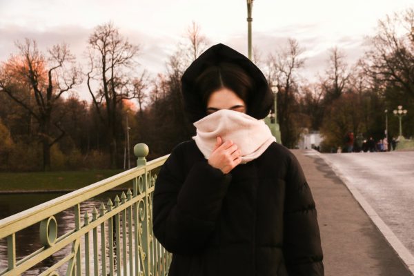 woman covering her face with her scarf